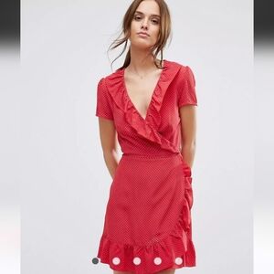 Red polka dot wrap dress